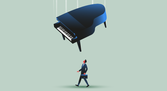 A piano above a businessman's head, about to hit him, as he looks up.